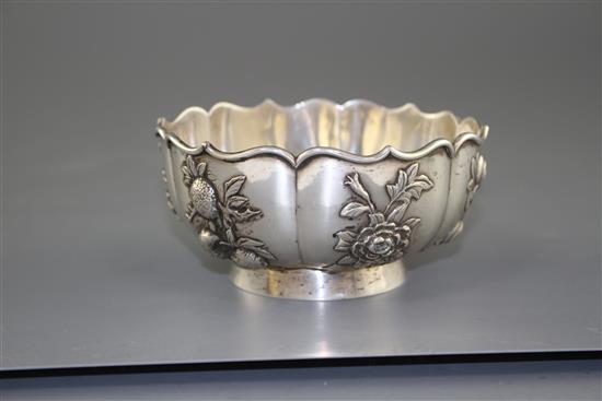 A late 19th/early 20th century Chinese Export white metal bowl, by Zee Wo, decorated with various fruit and flowers, 11.4cm, 5.5oz.